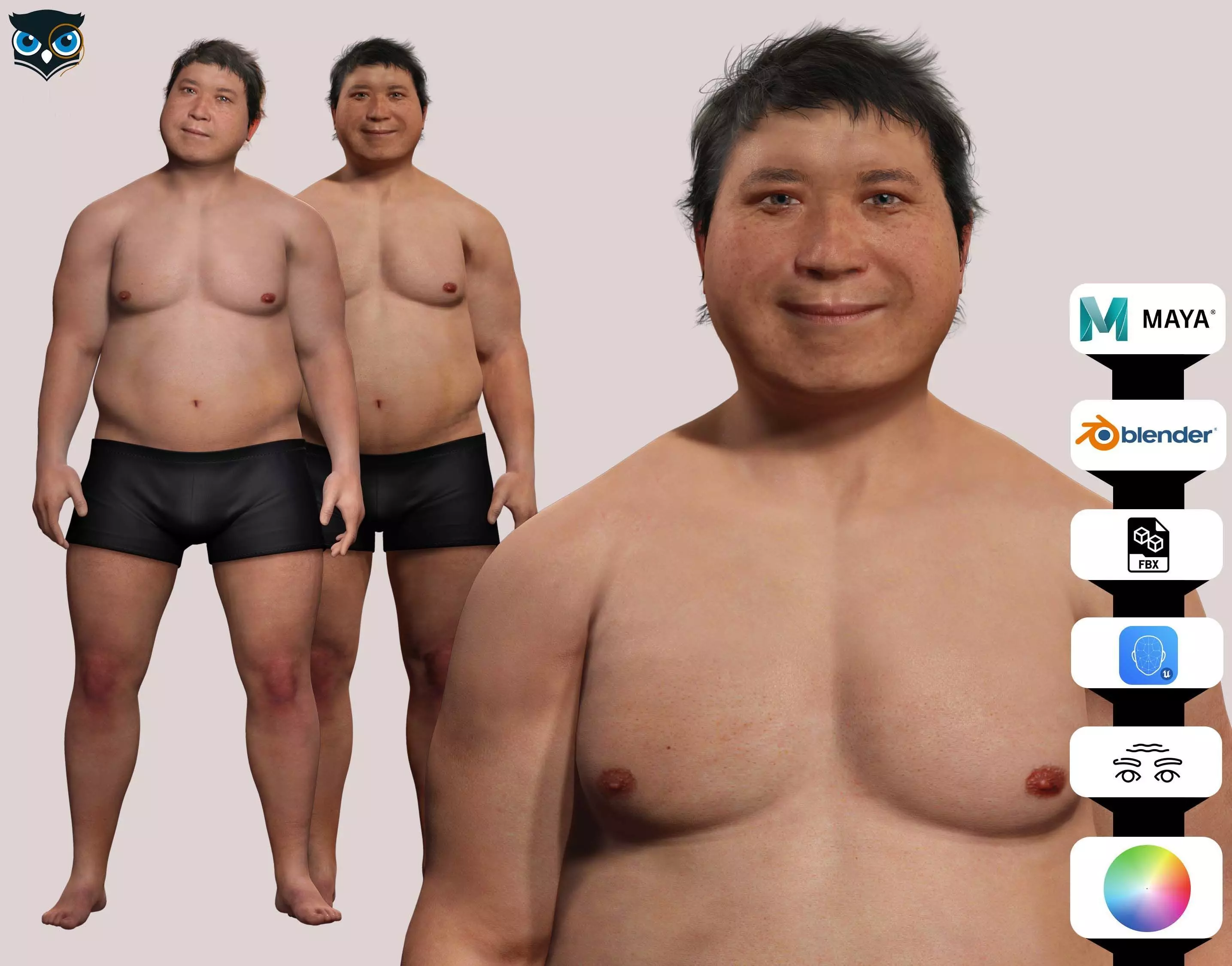 Realistic Asian Fat Man  Low-poly 3D model_0