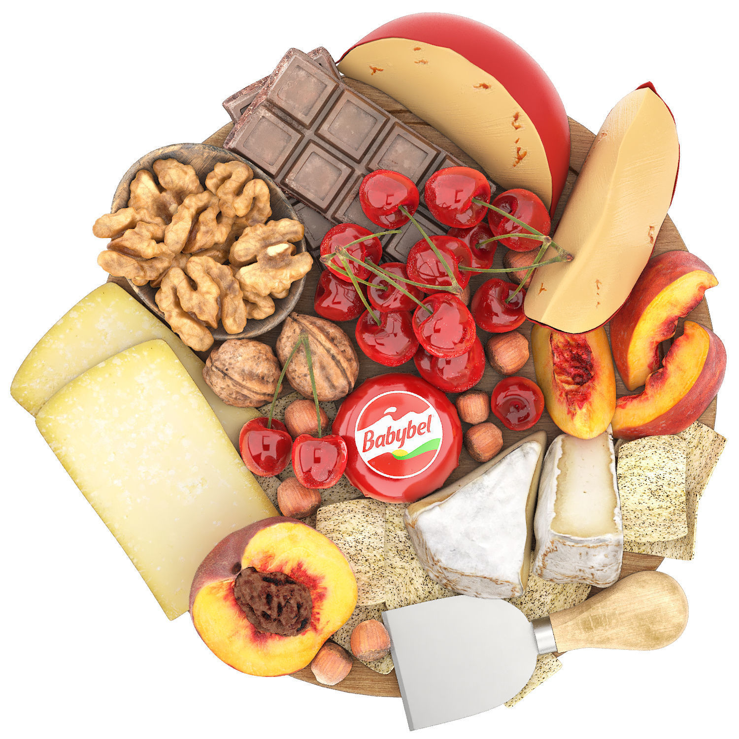 plate of cheese nuts and fruits 3D model_2