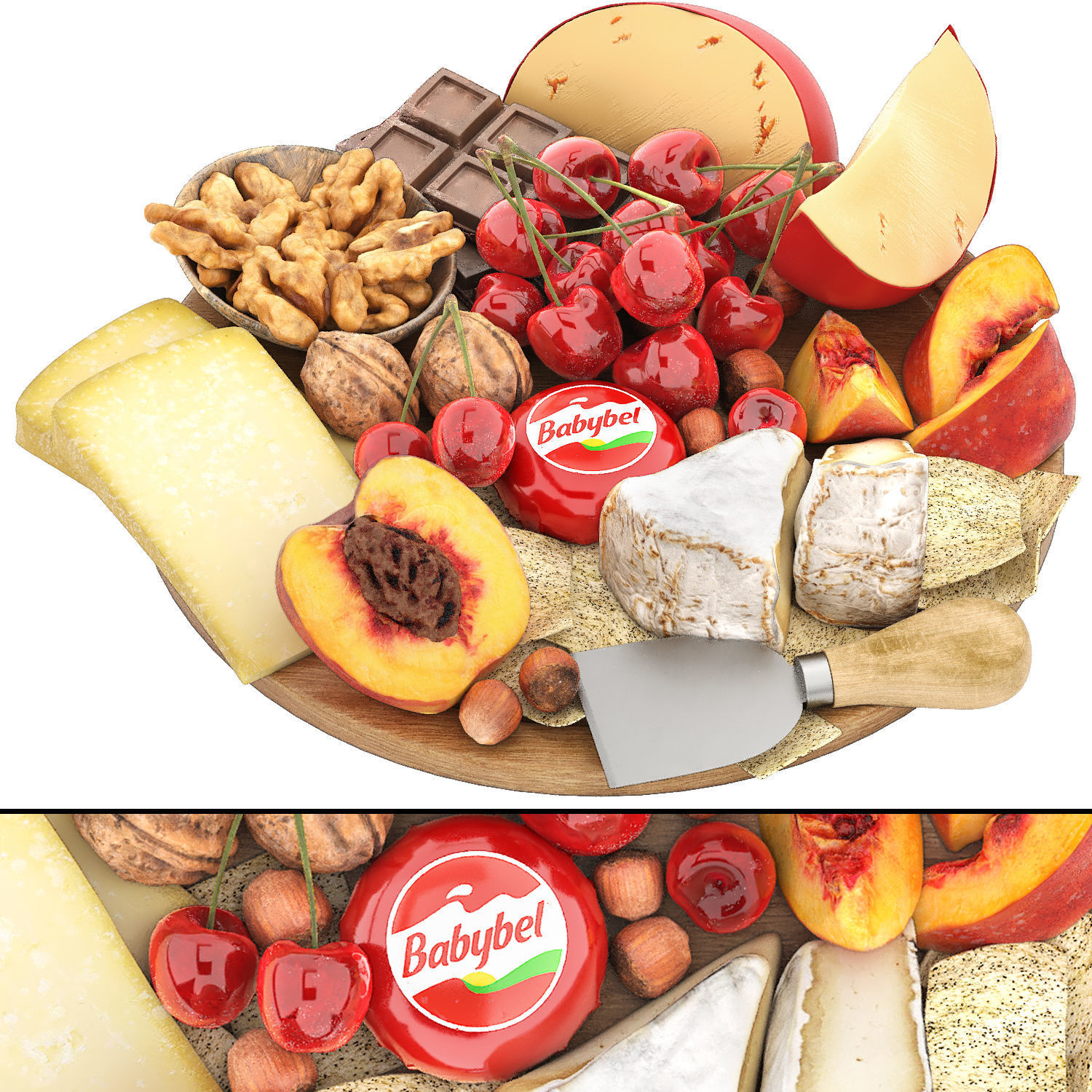 plate of cheese nuts and fruits 3D model_1