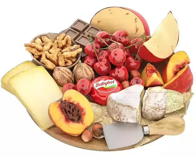 plate of cheese nuts and fruits