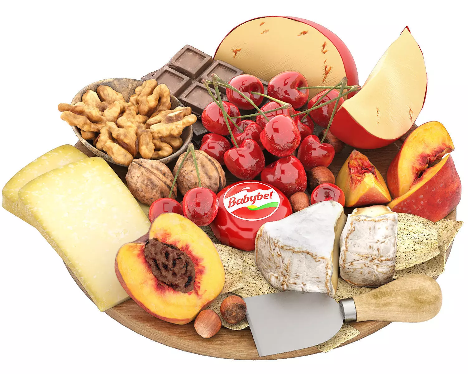 plate of cheese nuts and fruits 3D model_0