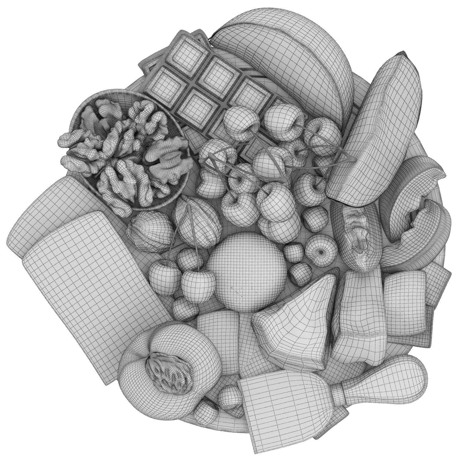 plate of cheese nuts and fruits 3D model_4