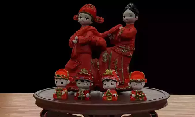 Chinese wedding doll collection with round display stand  