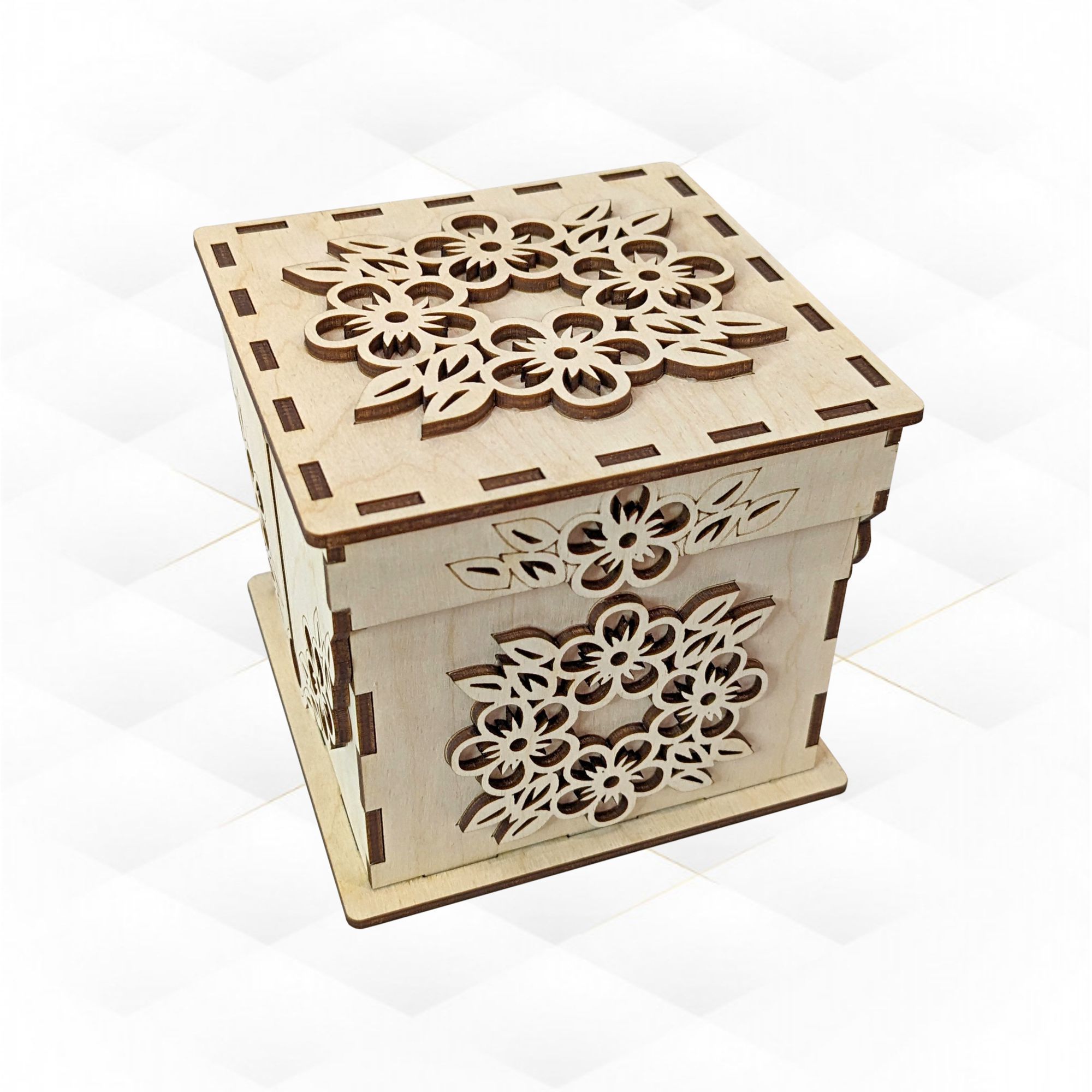 Gift jewelry box turn lid flowers pattern laser cutting design 3D print model_1