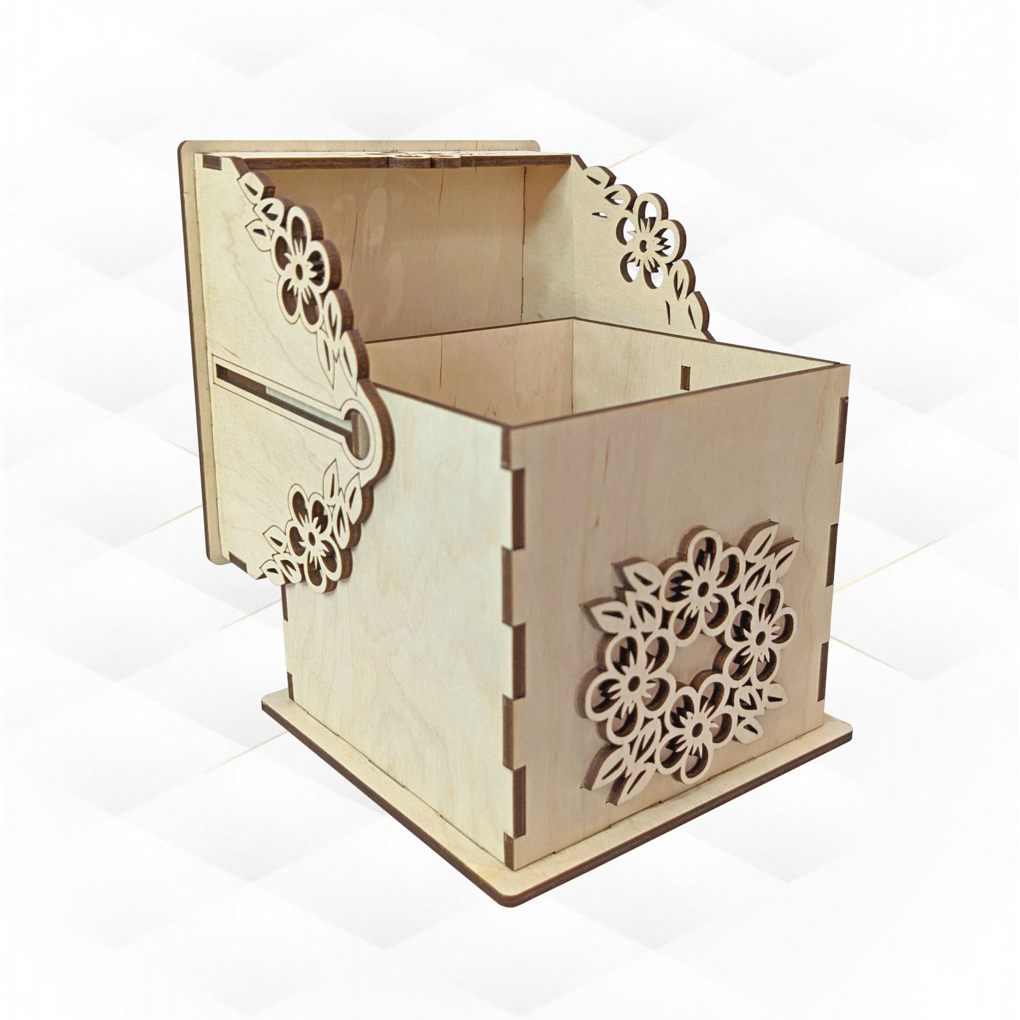 Gift jewelry box turn lid flowers pattern laser cutting design 3D print model_2