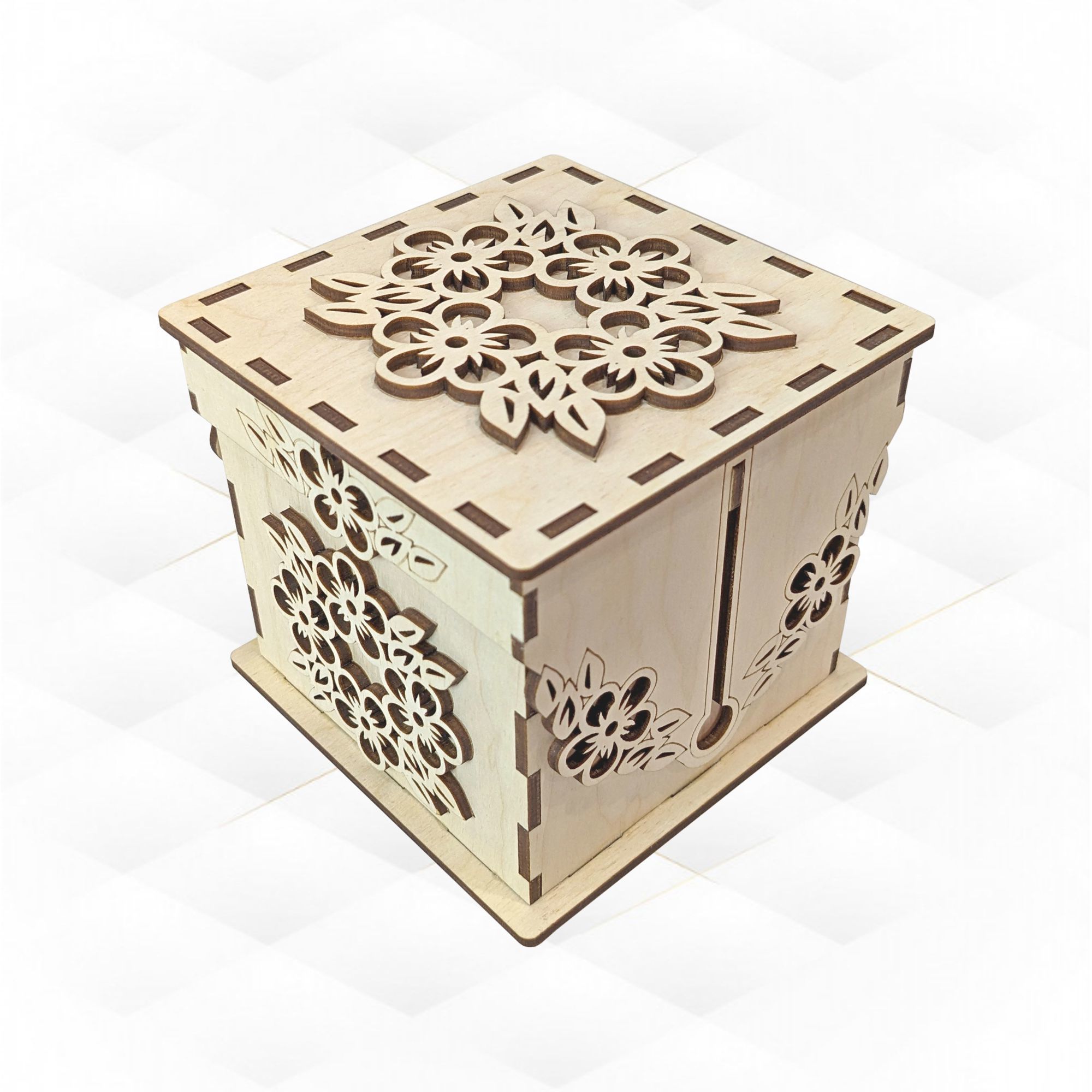 Gift jewelry box turn lid flowers pattern laser cutting design 3D print model_4