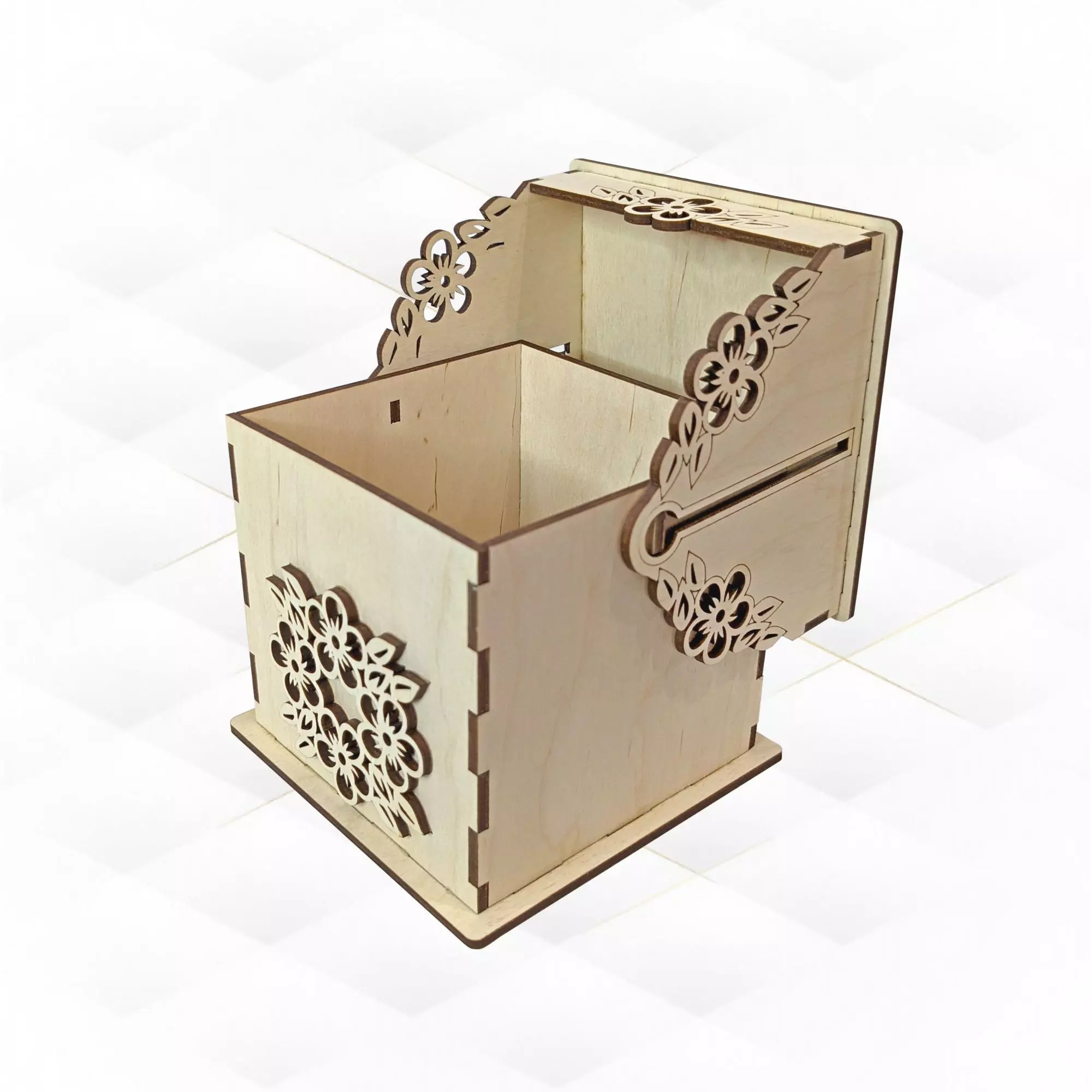 Gift jewelry box turn lid flowers pattern laser cutting design 3D print model_0