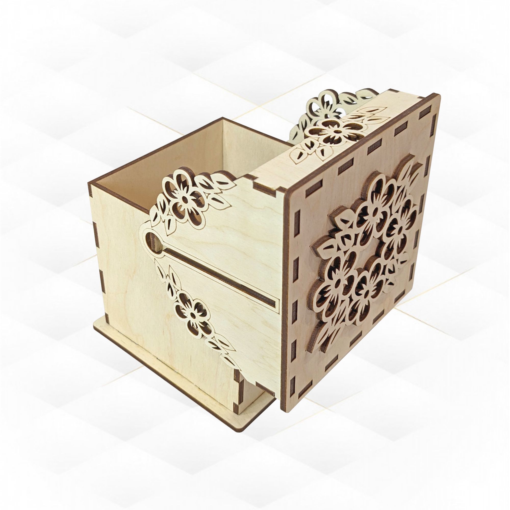 Gift jewelry box turn lid flowers pattern laser cutting design 3D print model_3