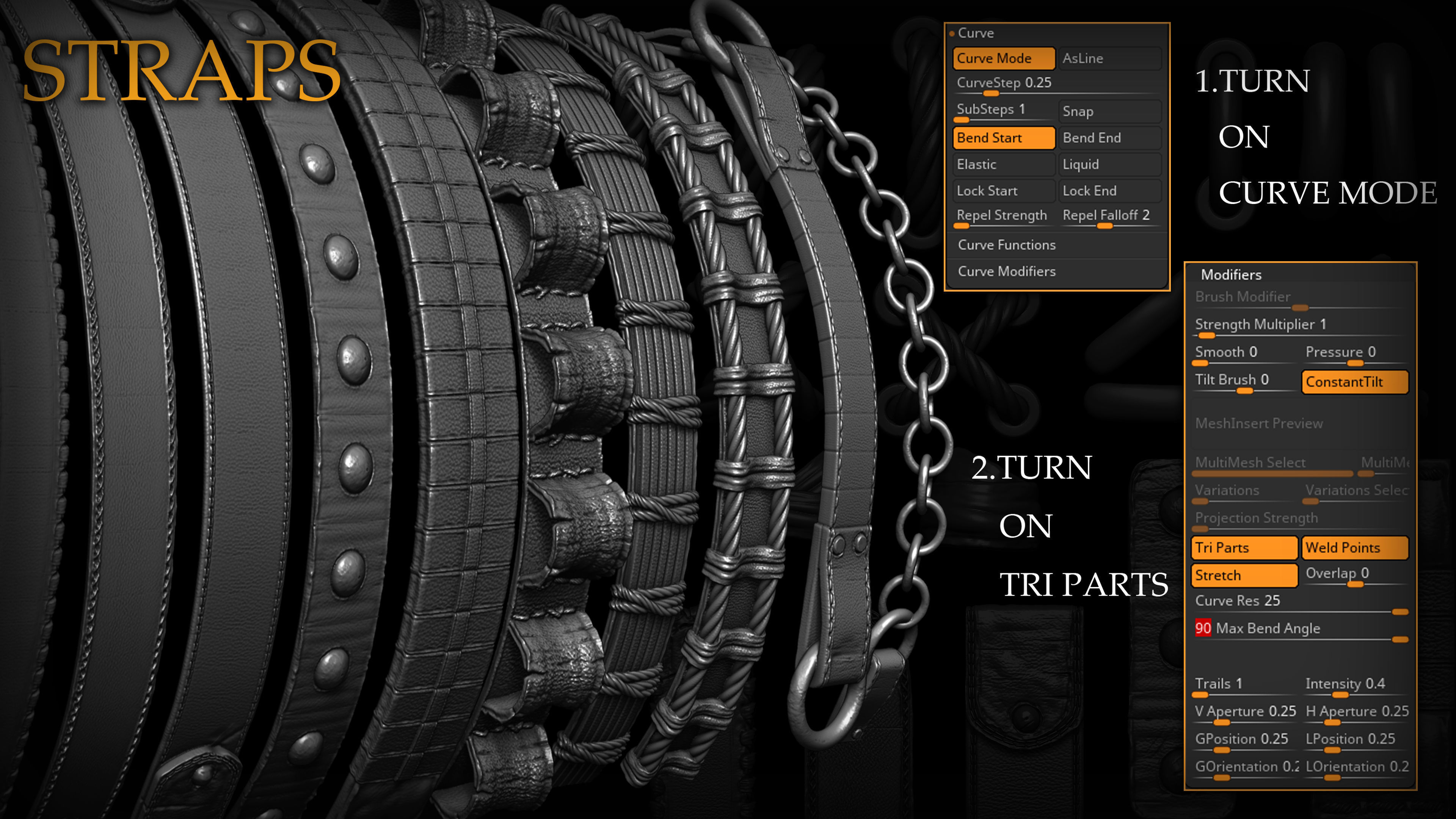 Zbrush - 30 Straps and Stitches IMM Curve Brush Meshes 3D model_6