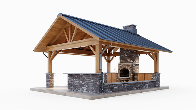 Gazebo with brick oven 3D model 5