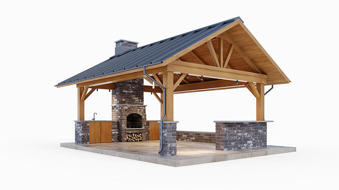 Gazebo with brick oven 3D model 2