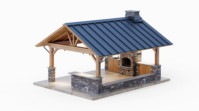 Gazebo with brick oven 3D model 4