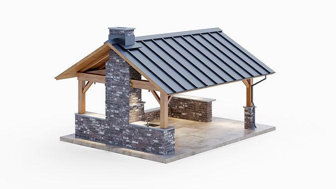 Gazebo with brick oven 3D model 7
