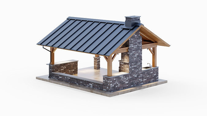 Gazebo with brick oven 3D model 6