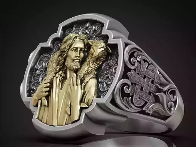 Jesus and the lost lamb signet ring monogram