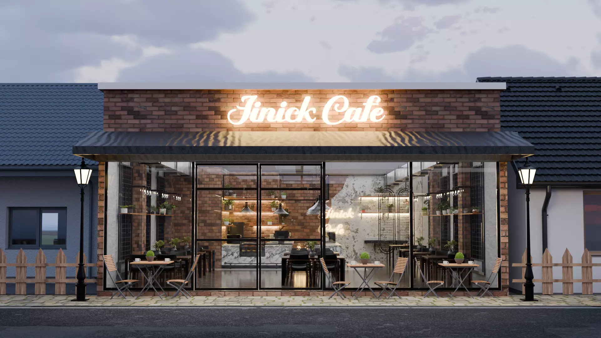Cafe Exterior And Interior Design 3D model_0