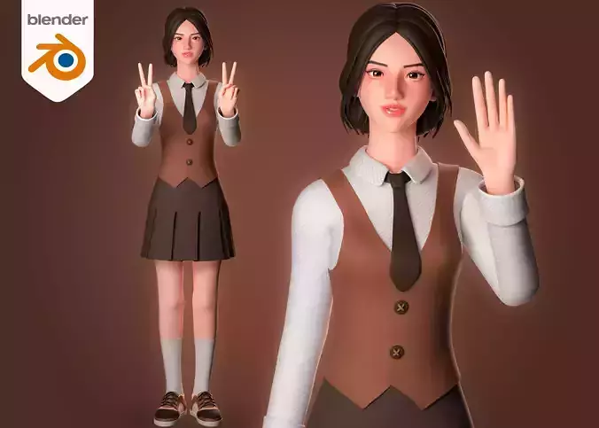 Woman in  with short black skirt - Rigged