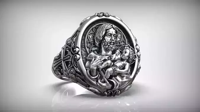 Saint Joseph and Baby Jesus Angels Gothic Cross Christian Ring 3D print model