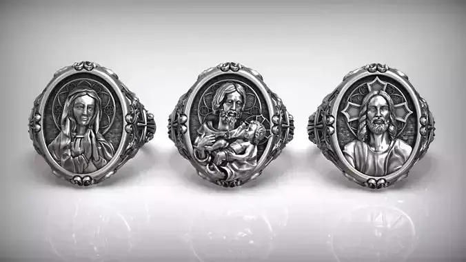 Saint Joseph and Virgin Mary and Jesus Christ Christian Rings 3D Model Collection