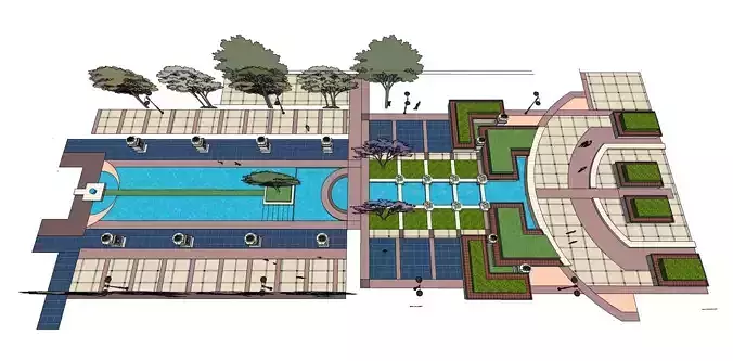 pool outdoor along with big planters and paved area 3D model