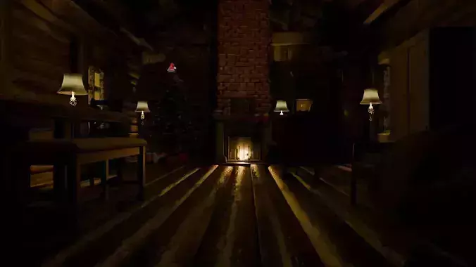 A log cabin in the winter of Christmas