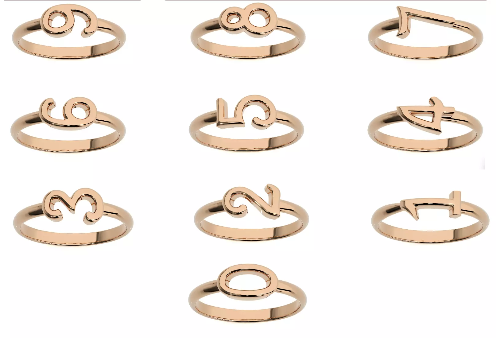 0 to 9 Plain Gold Number Ring 3dm stl renders details 3D Model Collection_0