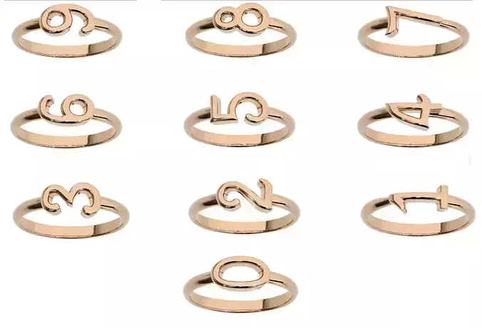 0 to 9 Plain Gold Number Ring 3dm stl renders details  3D Model Collection