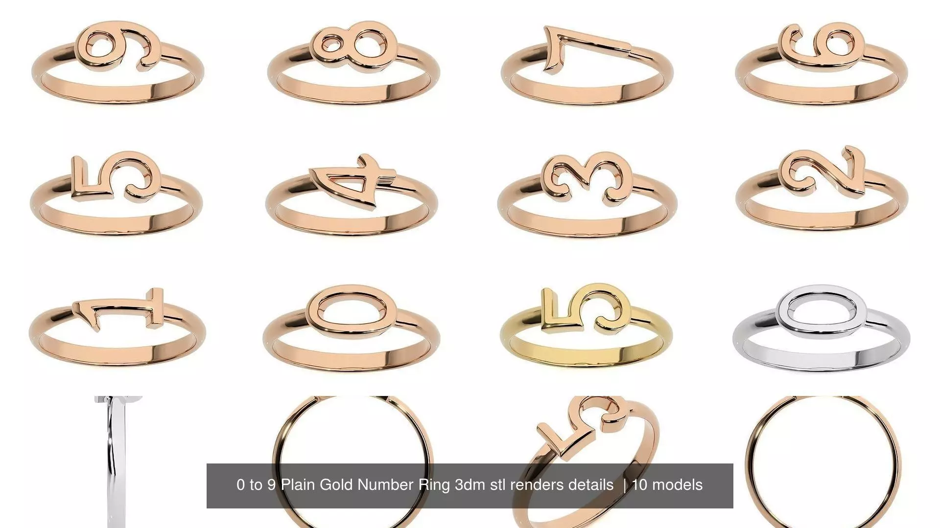 0 to 9 Plain Gold Number Ring 3dm stl renders details 3D Model Collection_1