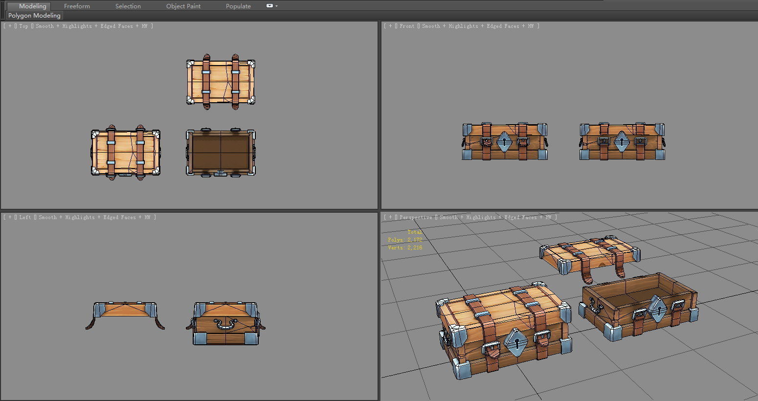 A locked wooden box - luggage trunk Low-poly 3D model_4