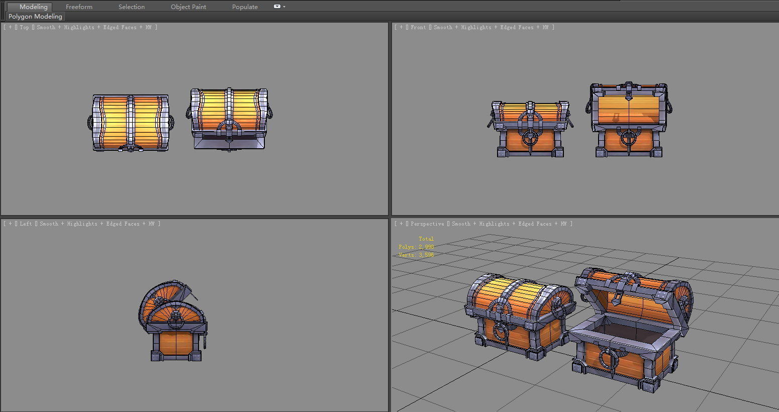 Cartoon Treasure Chest - wooden box Low-poly 3D model_6