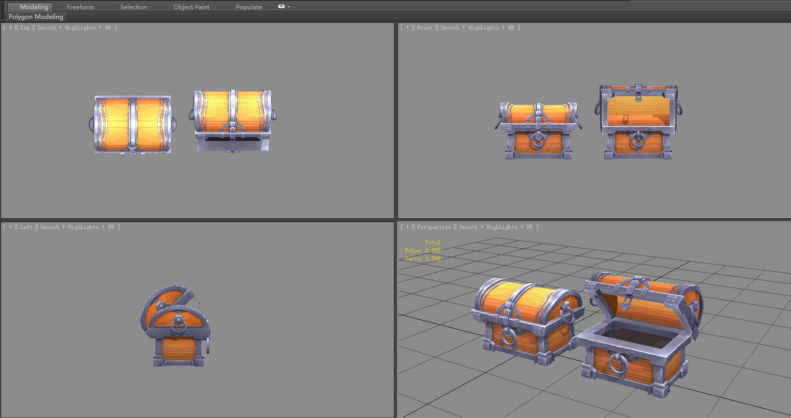 Cartoon Treasure Chest - wooden box Low-poly 3D model_5