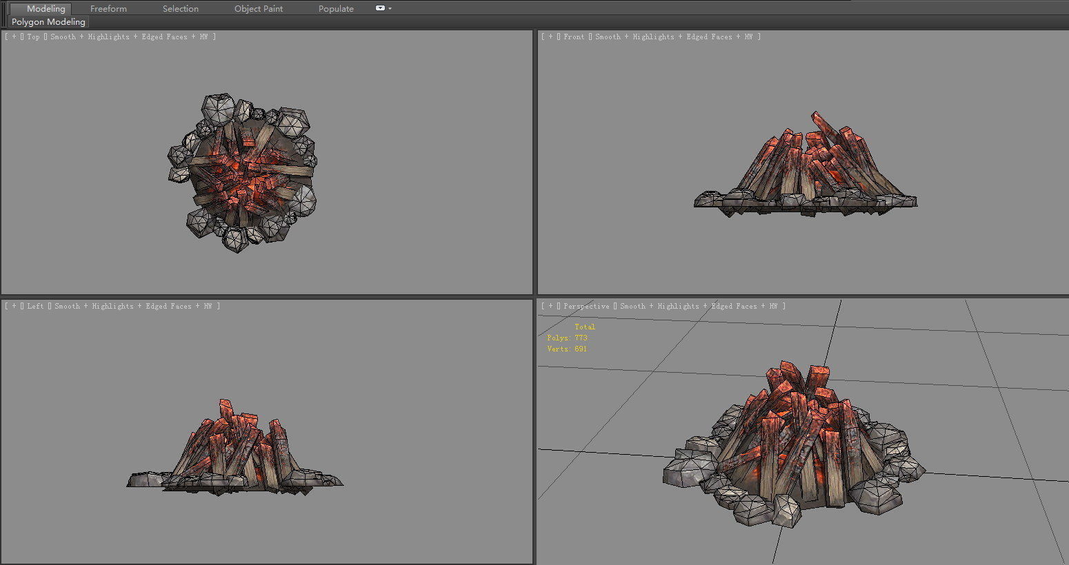 Bonfire pile - campfires - Burning wood - B Low-poly 3D model_4