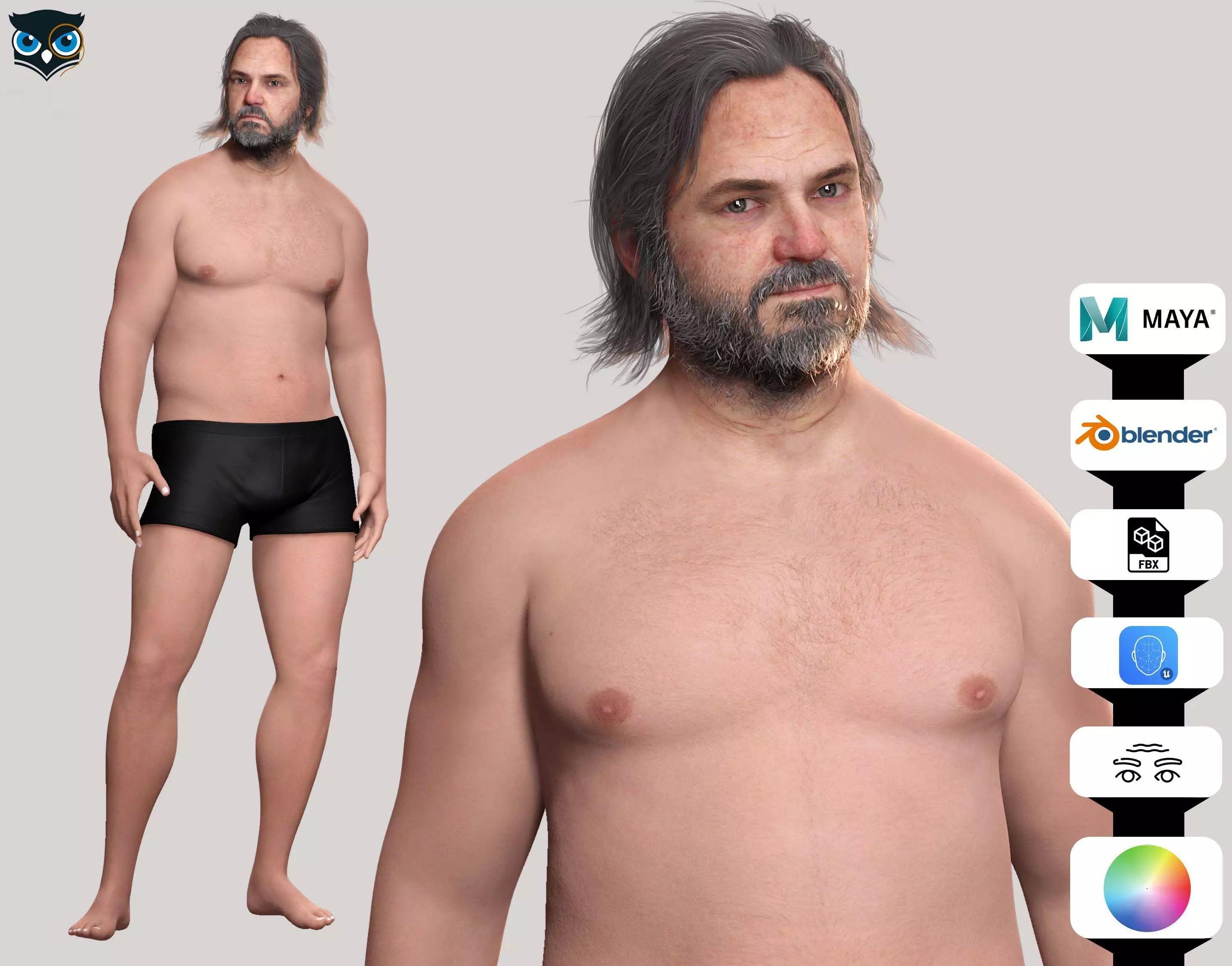 Realistic Fat Old Man Mid Age Low-poly 3D model_0