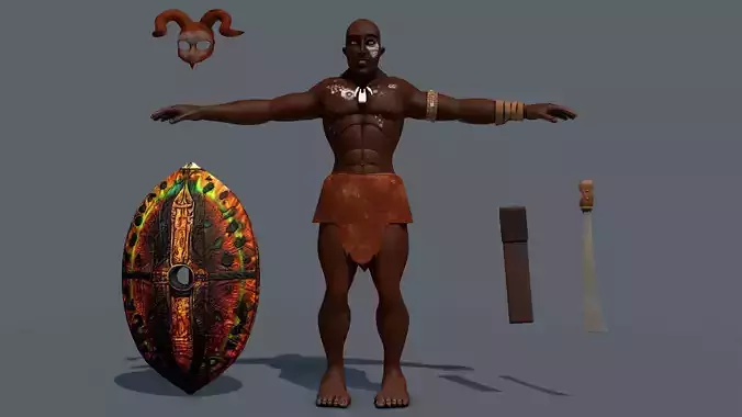 African Native warrior male with Shield and Armor - 3d model 3D model