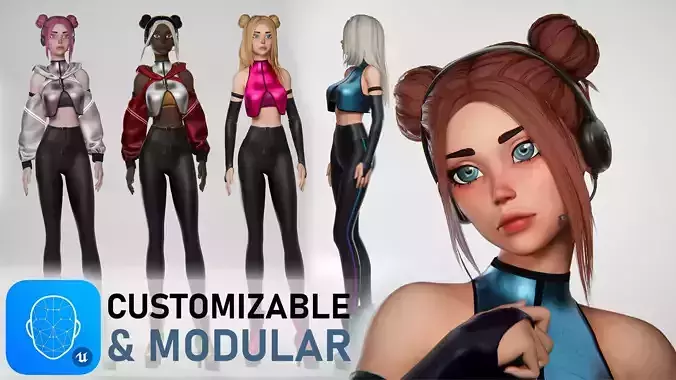 Streamer girl Sci-fi webcam performer with facial expressions Low-poly 3D model