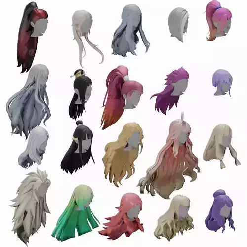 20 STYLIZED FEMALE HAIR MODELS PACK 7 - LOW POLY Low-poly 3D model 20 STYLIZED FEMALE HAIR MODELS PACK 7 - LOW POLY Low-poly 3D model