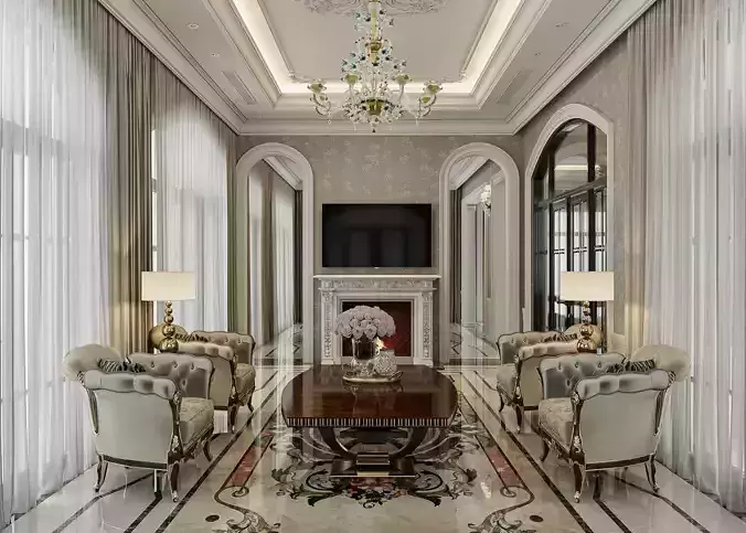 Luxurious living room and dining room interior model