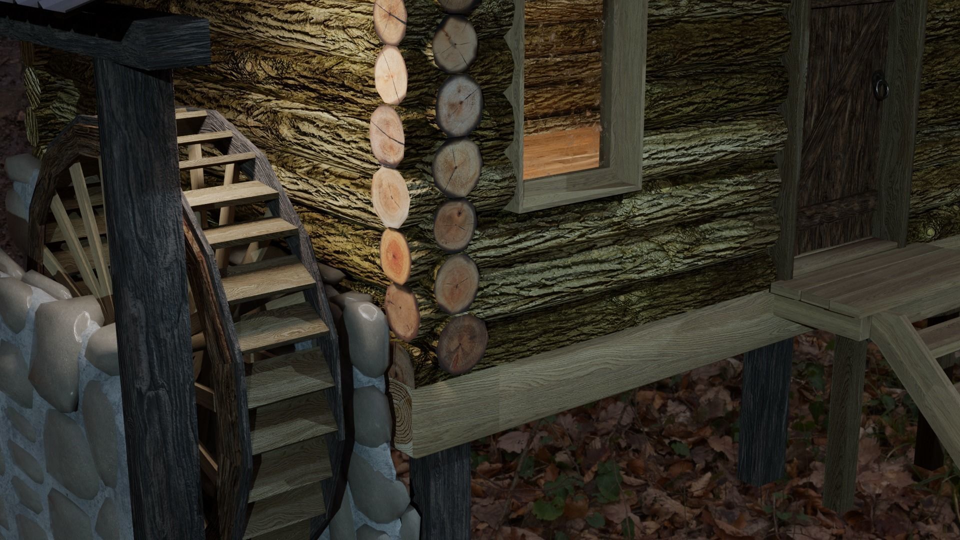 Log cabin and watermill Low-poly 3D model_4