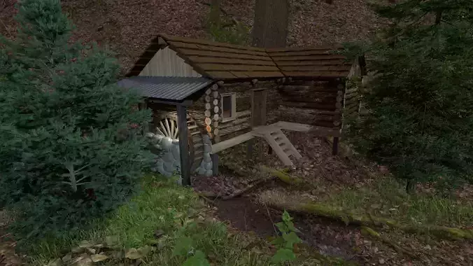 Log cabin and watermill Low-poly 3D model