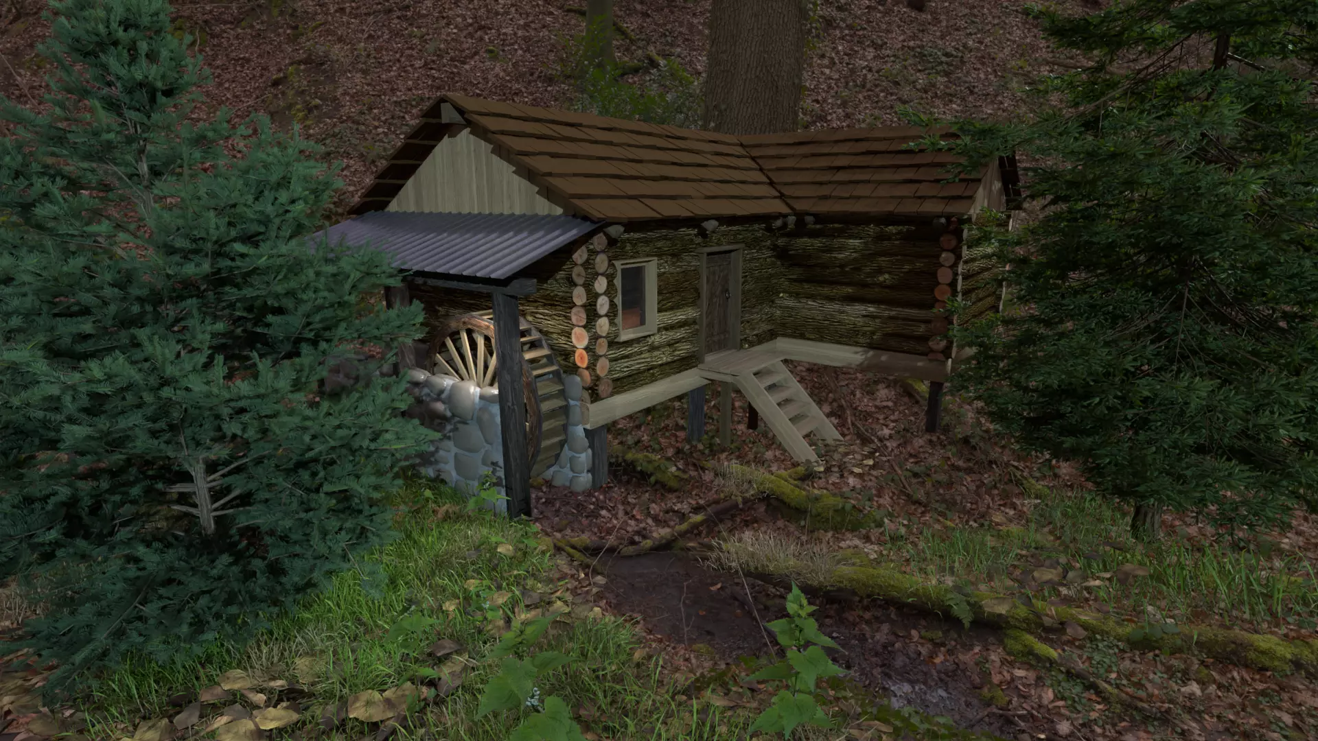 Log cabin and watermill Low-poly 3D model_0