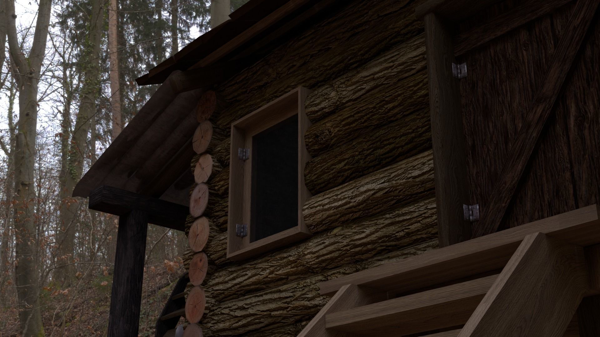 Log cabin and watermill Low-poly 3D model_9