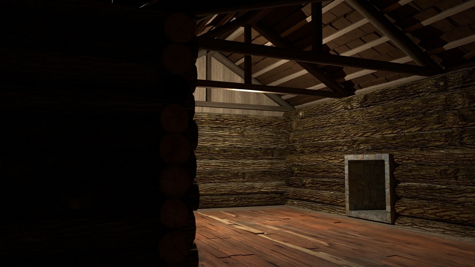 Log cabin and watermill Low-poly 3D model_8