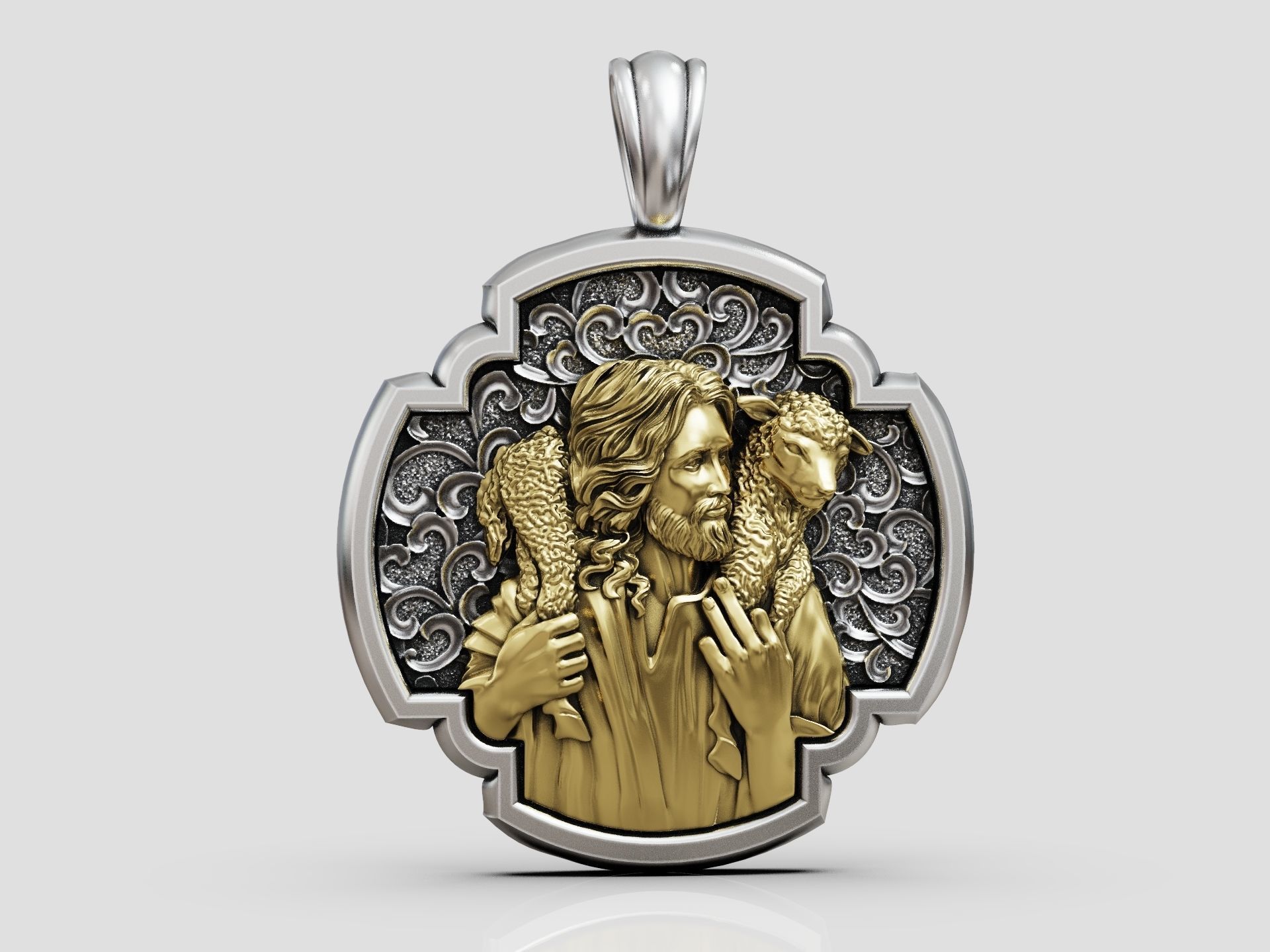 Pendant Cross Jesus Christ and the Lost Lamb 3D print model_3