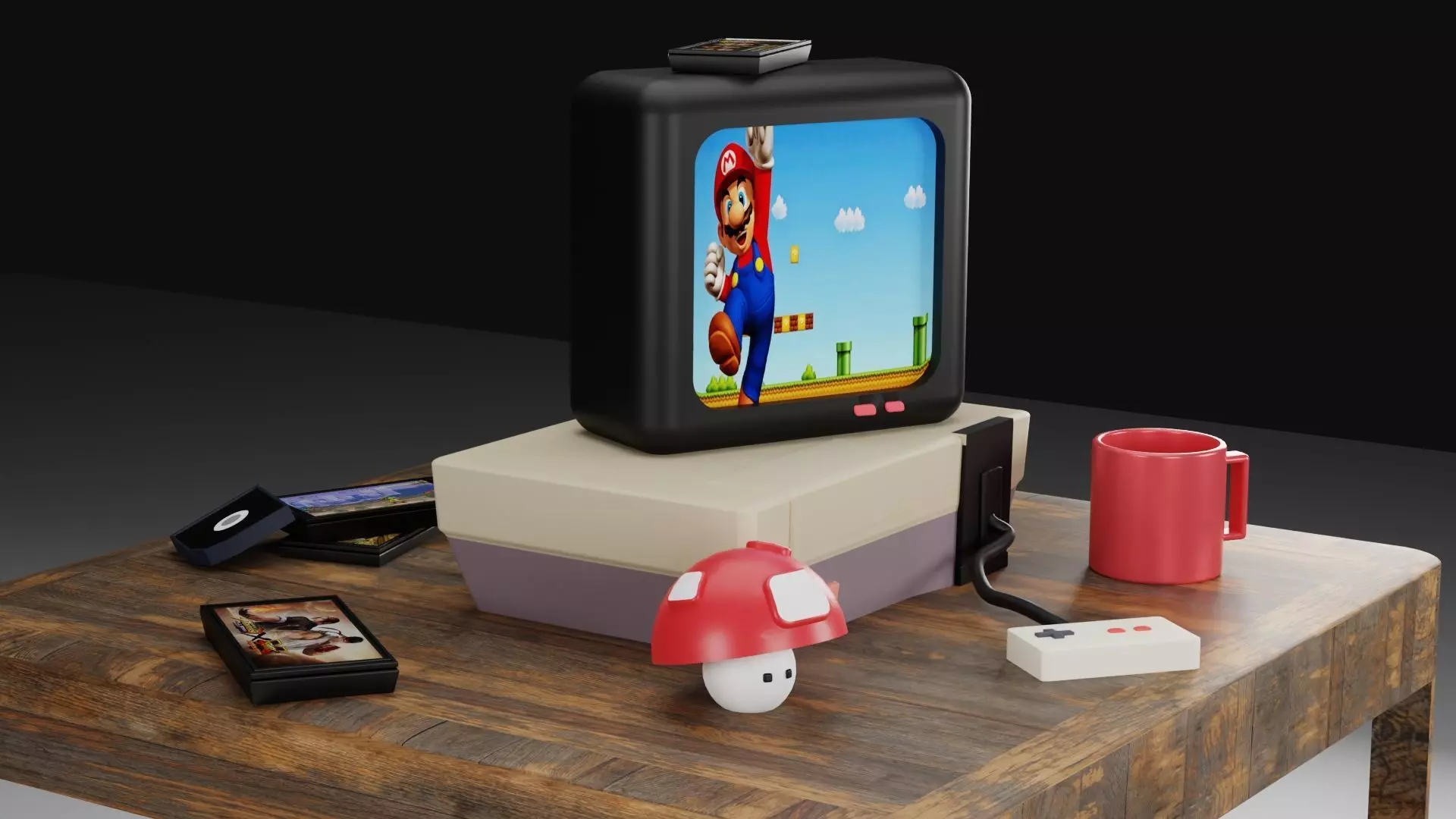 Super Nintendo console connected to an old TV 3D model