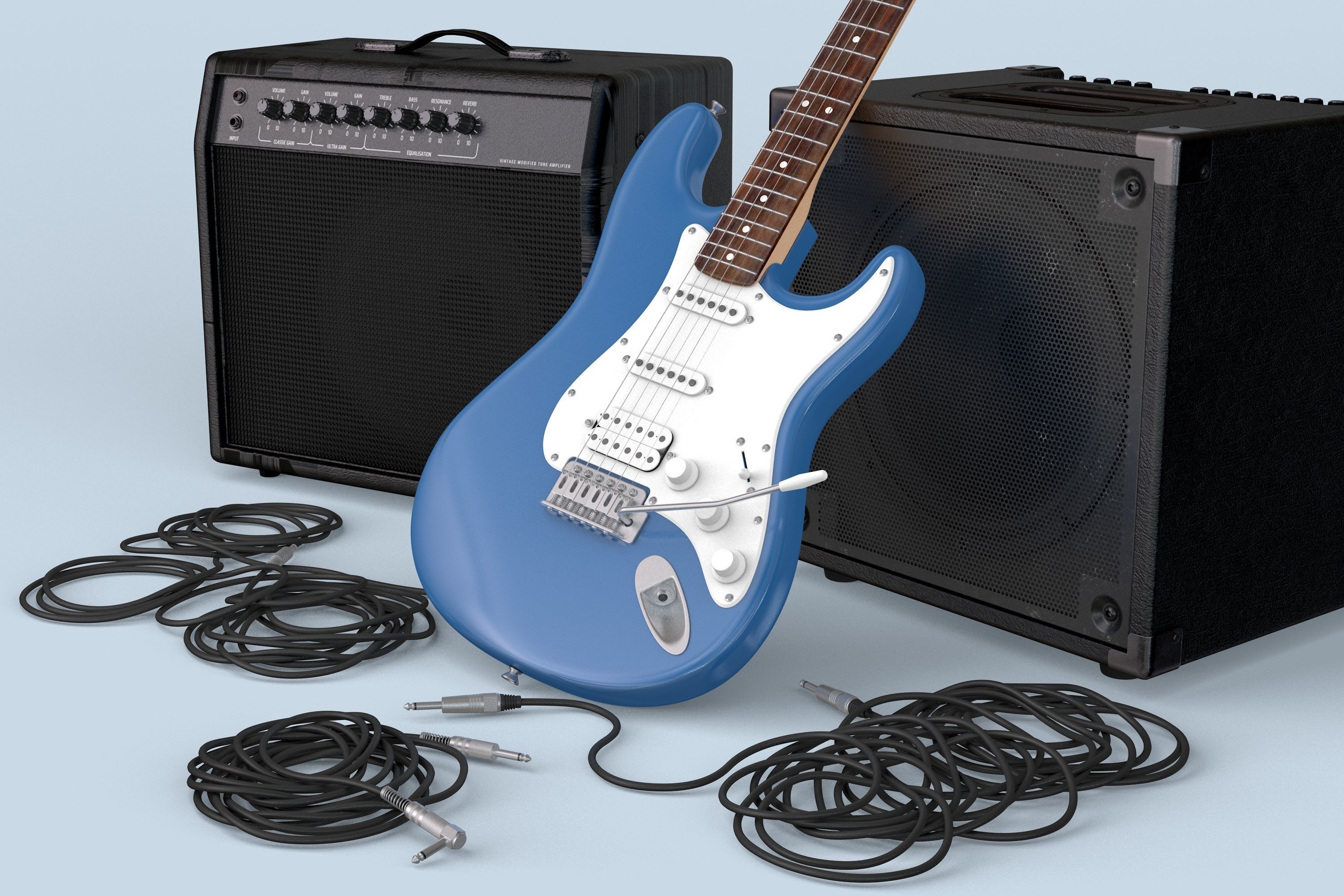 Electric Guitar with Amplifiers and Cables 3D model_1