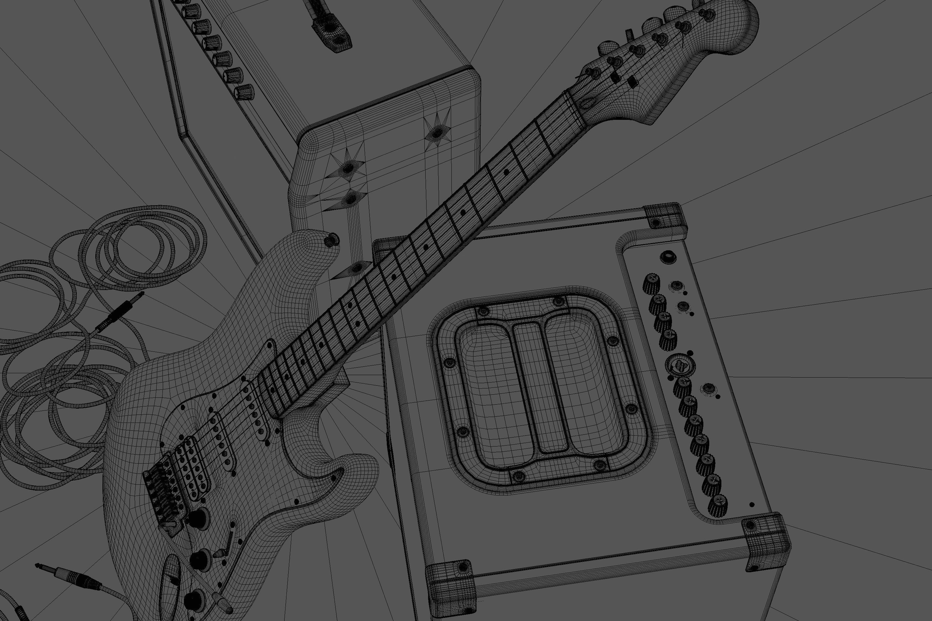Electric Guitar with Amplifiers and Cables 3D model_11