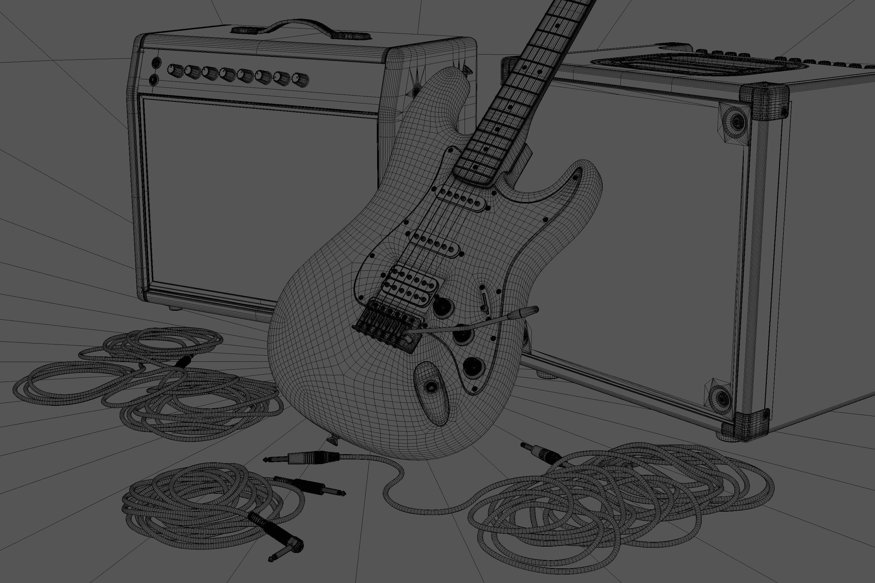 Electric Guitar with Amplifiers and Cables 3D model_10