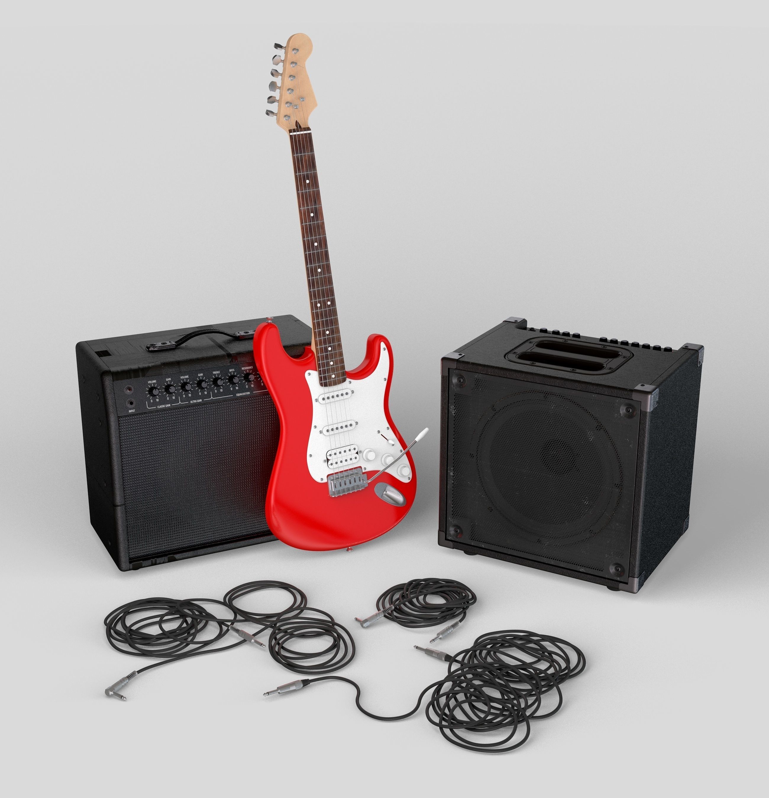 Electric Guitar with Amplifiers and Cables 3D model_2