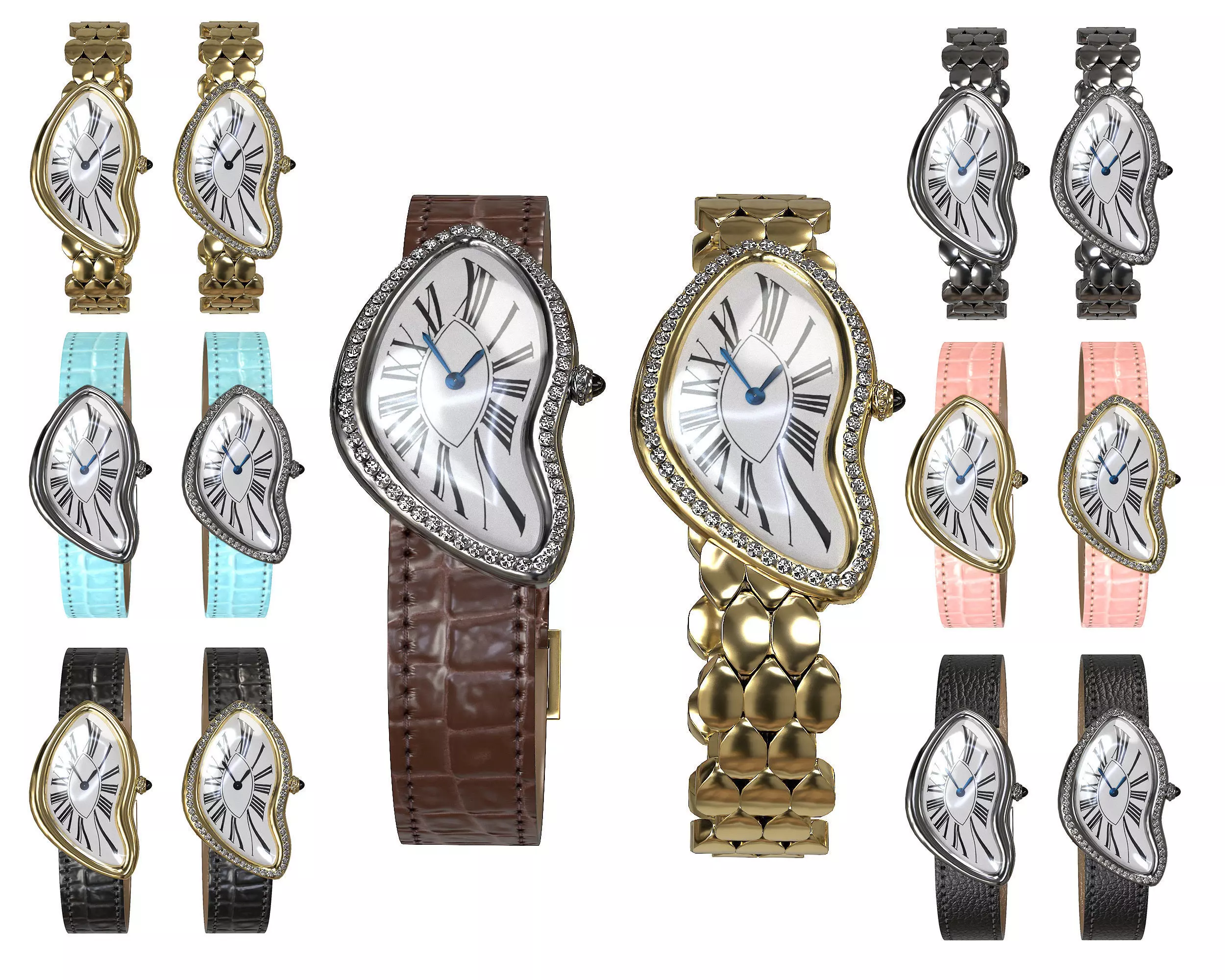 Gold Silver Leather Vintage Watch with Diamonds Low-poly 3D model
