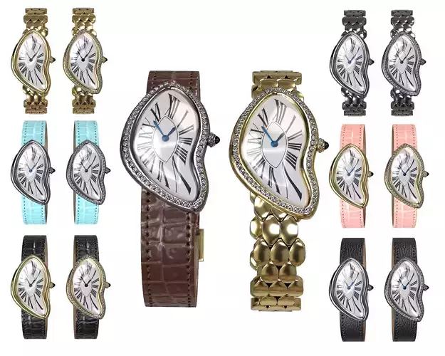 Gold Silver Leather Vintage Watch with Diamonds